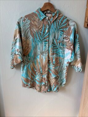 Vintage Tropical Short-Sleeve Button-Up Shirt - Turquoise & Brown